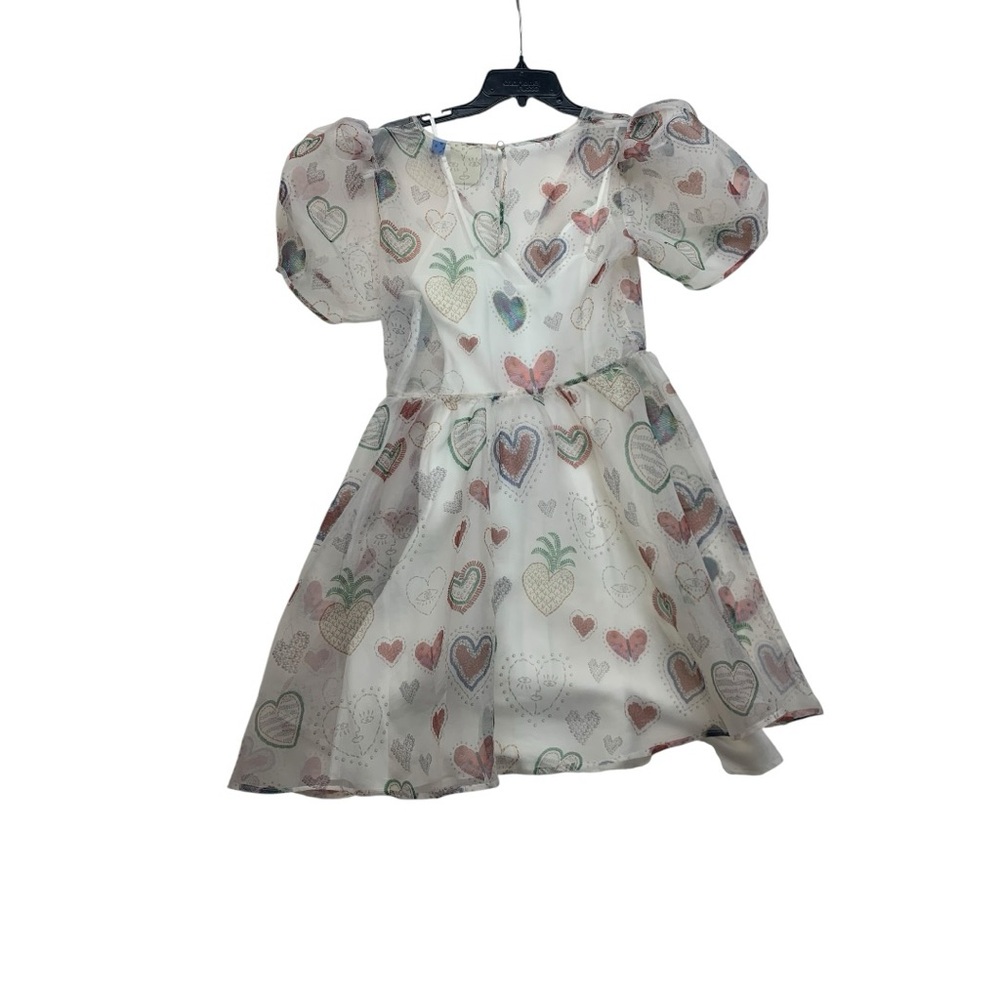 Farm Rio size medium dress semi sheer hearts puff sleeve pineapple mini party - Picture 12 of 12
